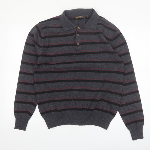 New Sensation Men's Grey Striped Wool Blend Collared Pullover Jumper L