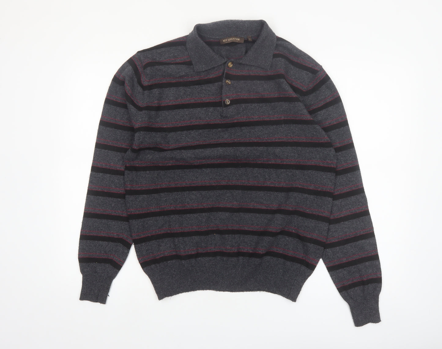 New Sensation Men's Grey Striped Wool Blend Collared Pullover Jumper L
