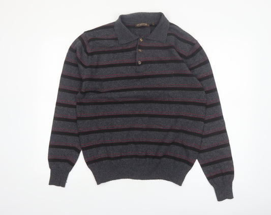New Sensation Men's Grey Striped Wool Blend Collared Pullover Jumper L