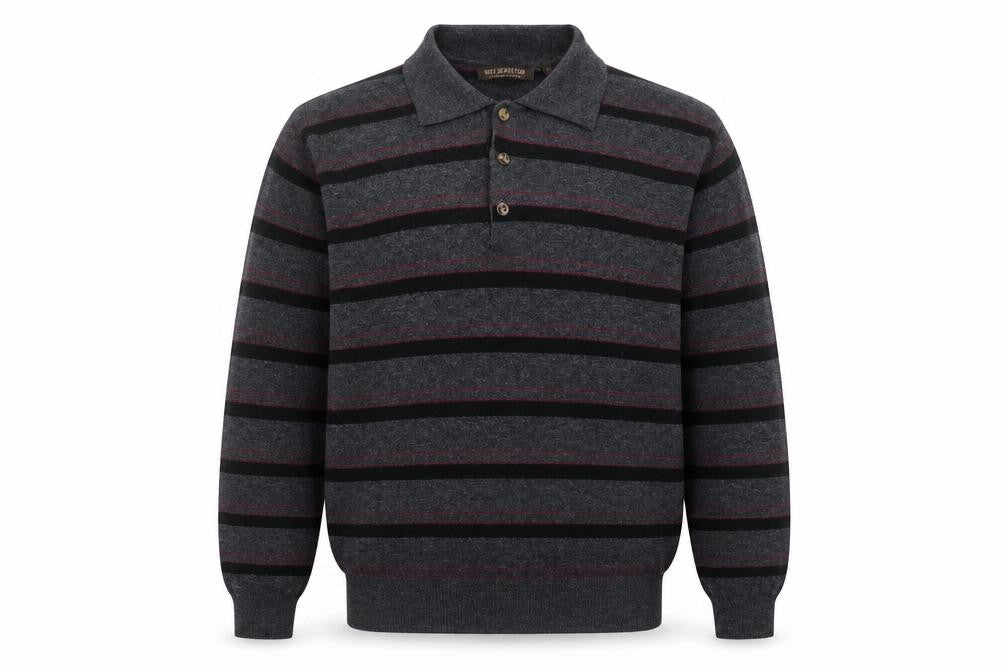 Front view of New Sensation Men's Grey Striped Wool Blend Collared jumper L