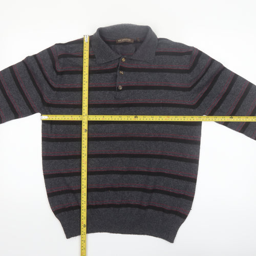 New Sensation Men's Grey Striped Wool Blend Collared Pullover Jumper L
