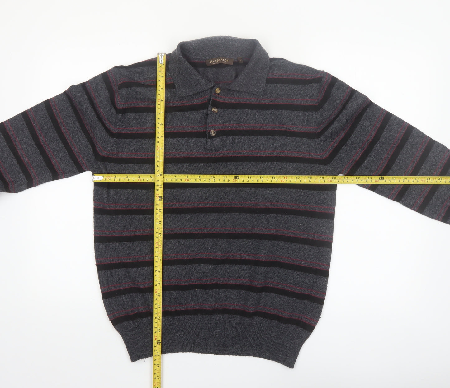 New Sensation Men's Grey Striped Wool Blend Collared Pullover Jumper L