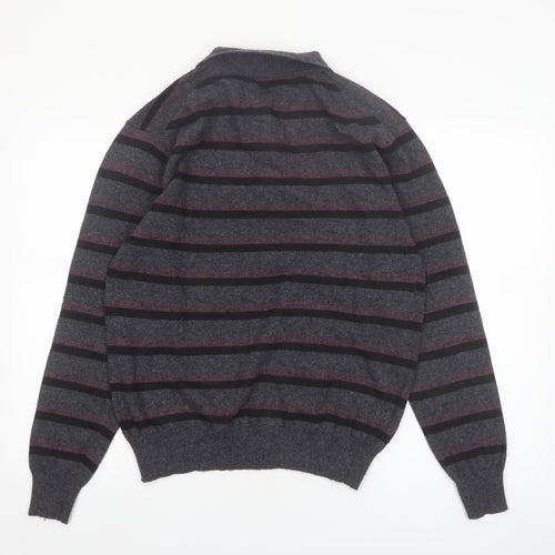 New Sensation Men's Grey Striped Wool Blend Collared Pullover Jumper L