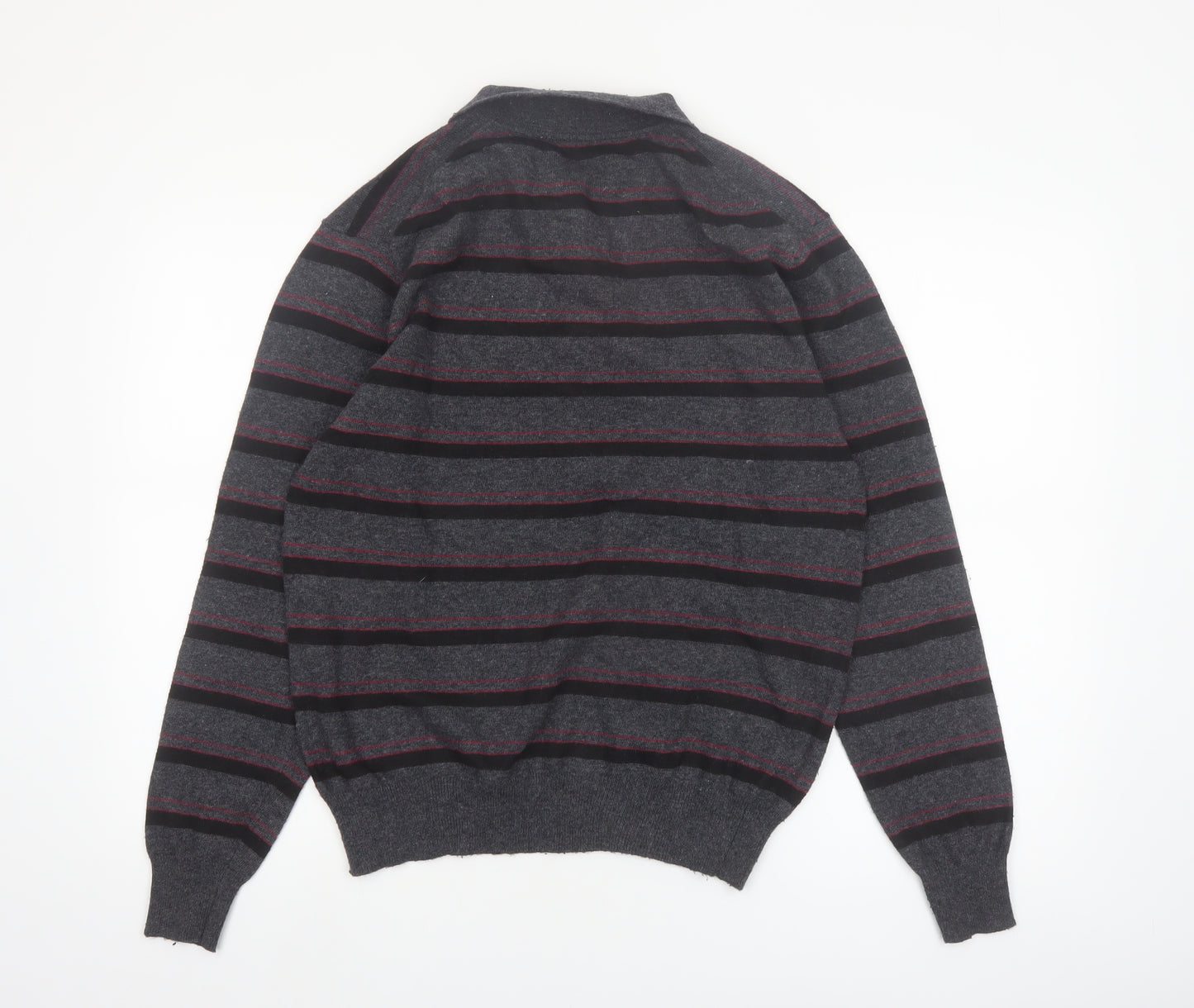 New Sensation Men's Grey Striped Wool Blend Collared Pullover Jumper L