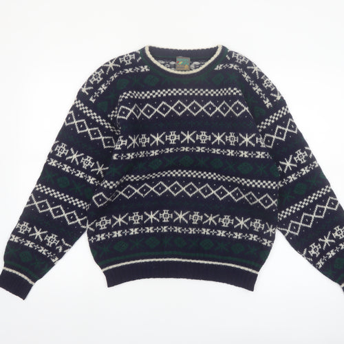 Boydex Men's Blue Wool Fair Isle Crew Neck Jumper Size S