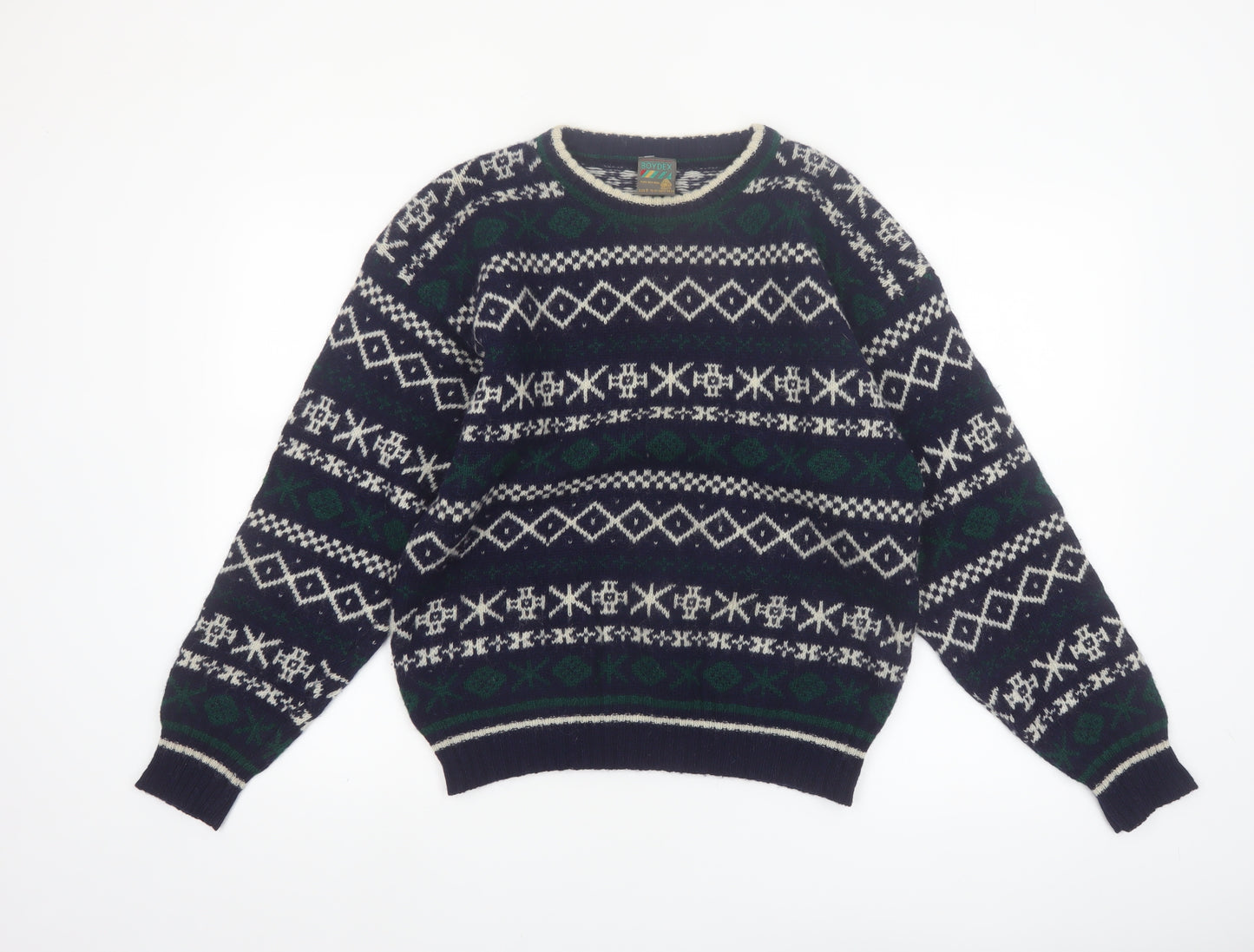 Boydex Men's Blue Wool Fair Isle Crew Neck Jumper Size S