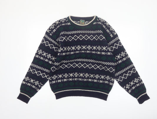 Boydex Men's Blue Wool Fair Isle Crew Neck Jumper Size S
