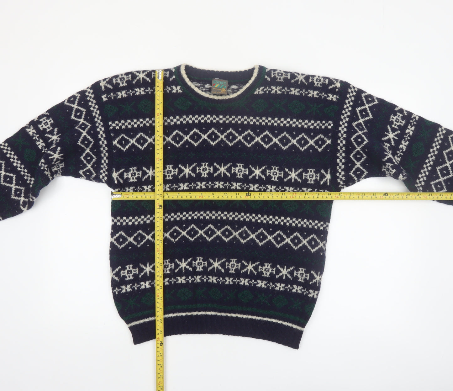 Boydex Men's Blue Wool Fair Isle Crew Neck Jumper Size S