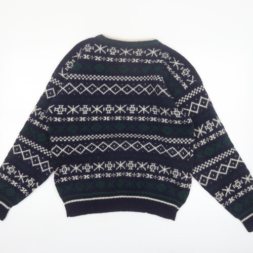 Boydex Men's Blue Wool Fair Isle Crew Neck Jumper Size S