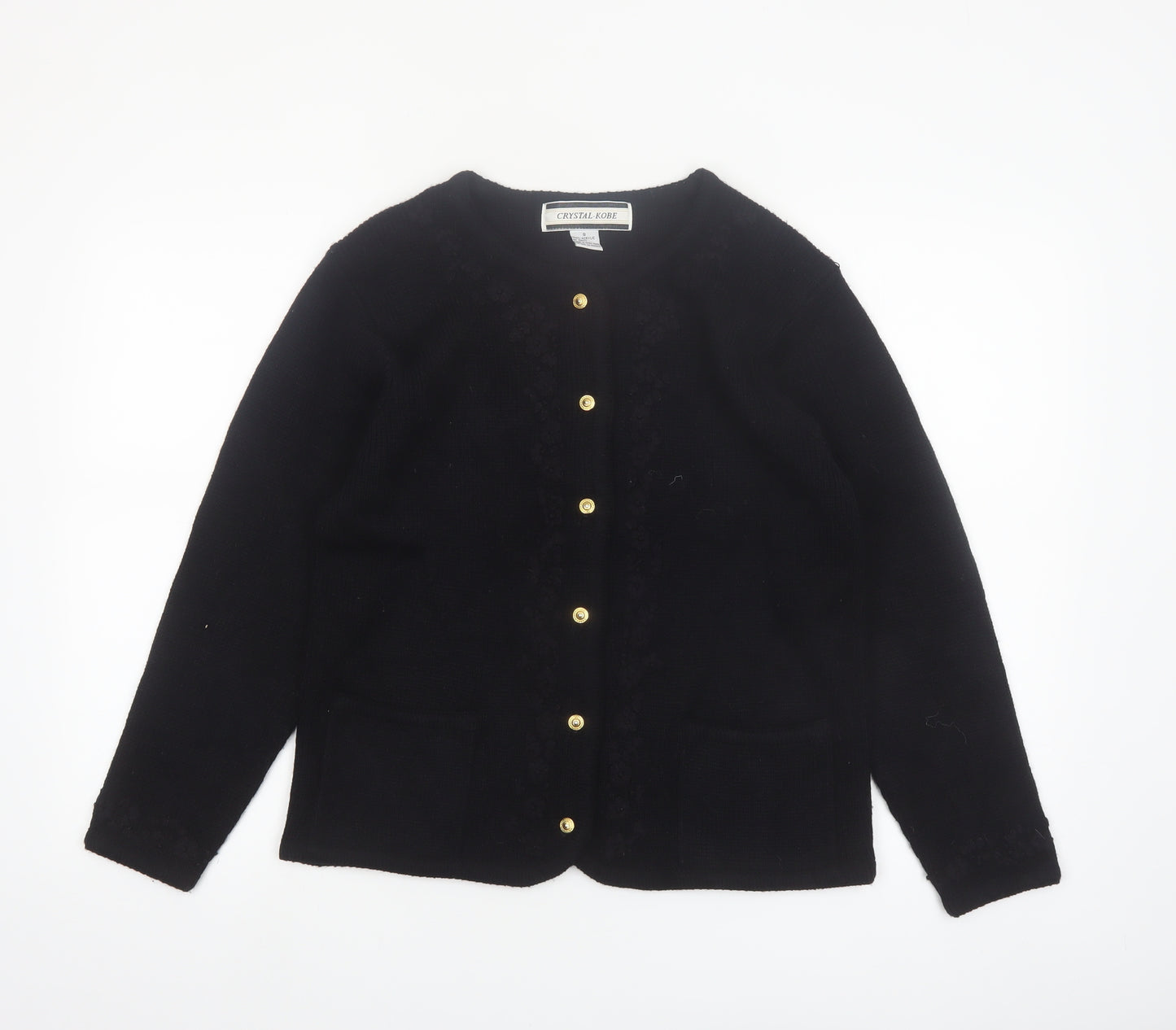 Crystal-Kobe Women's Black Knit Cardigan Small Crew Neck Vintage Style