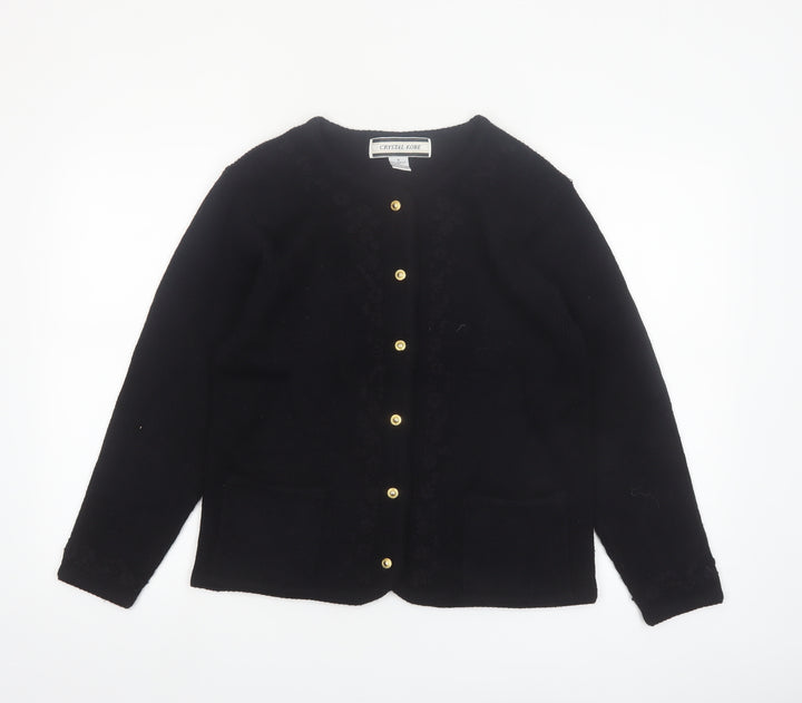 Crystal-Kobe Women's Black Knit Cardigan Small Crew Neck Vintage Style
