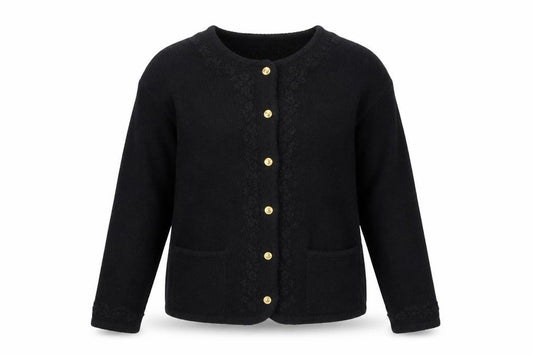Front view of Crystal-Kobe Women's Black Knit Cardigan Small Crew Neck Vintage Style