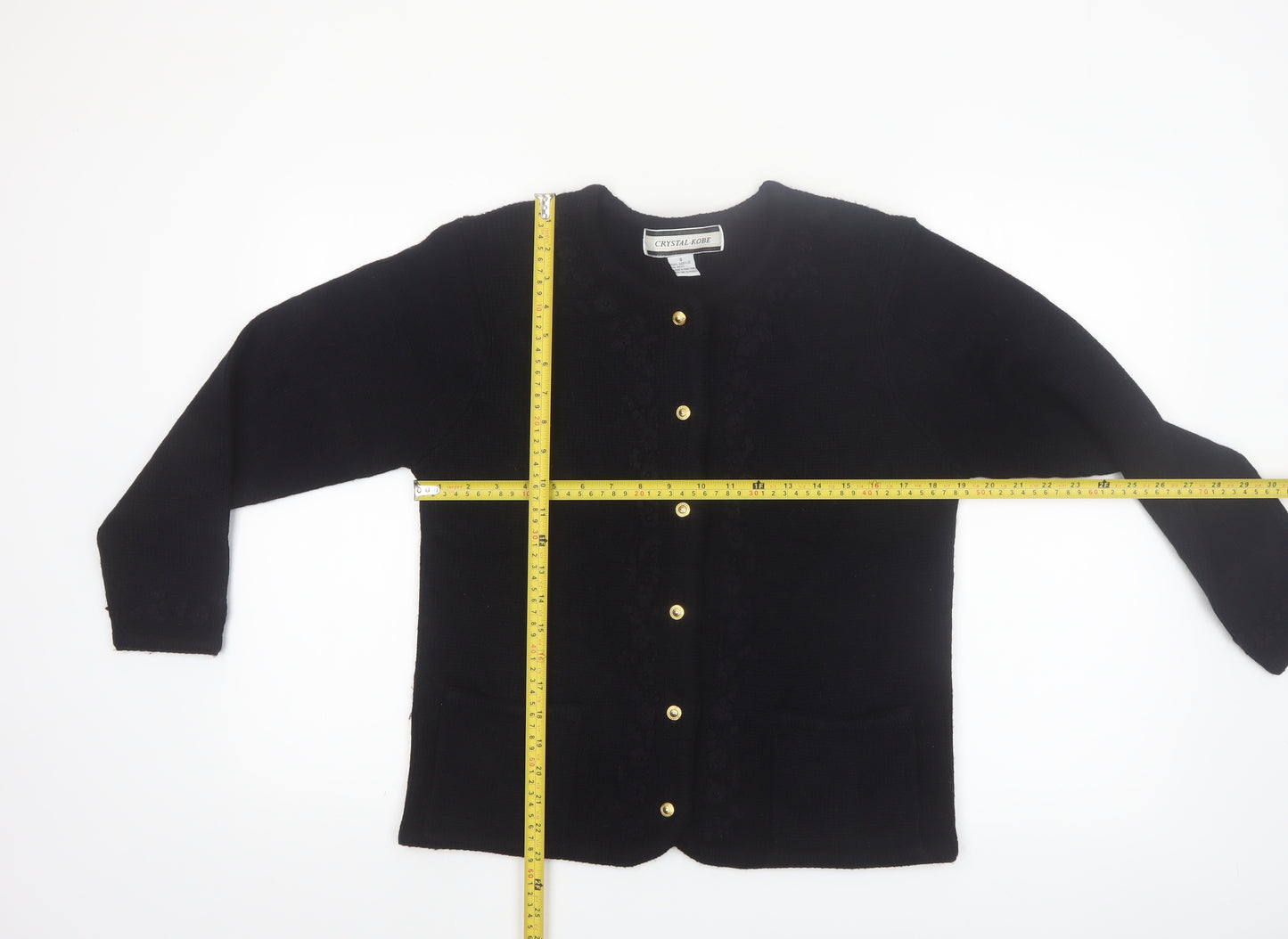 Crystal-Kobe Women's Black Knit Cardigan Small Crew Neck Vintage Style