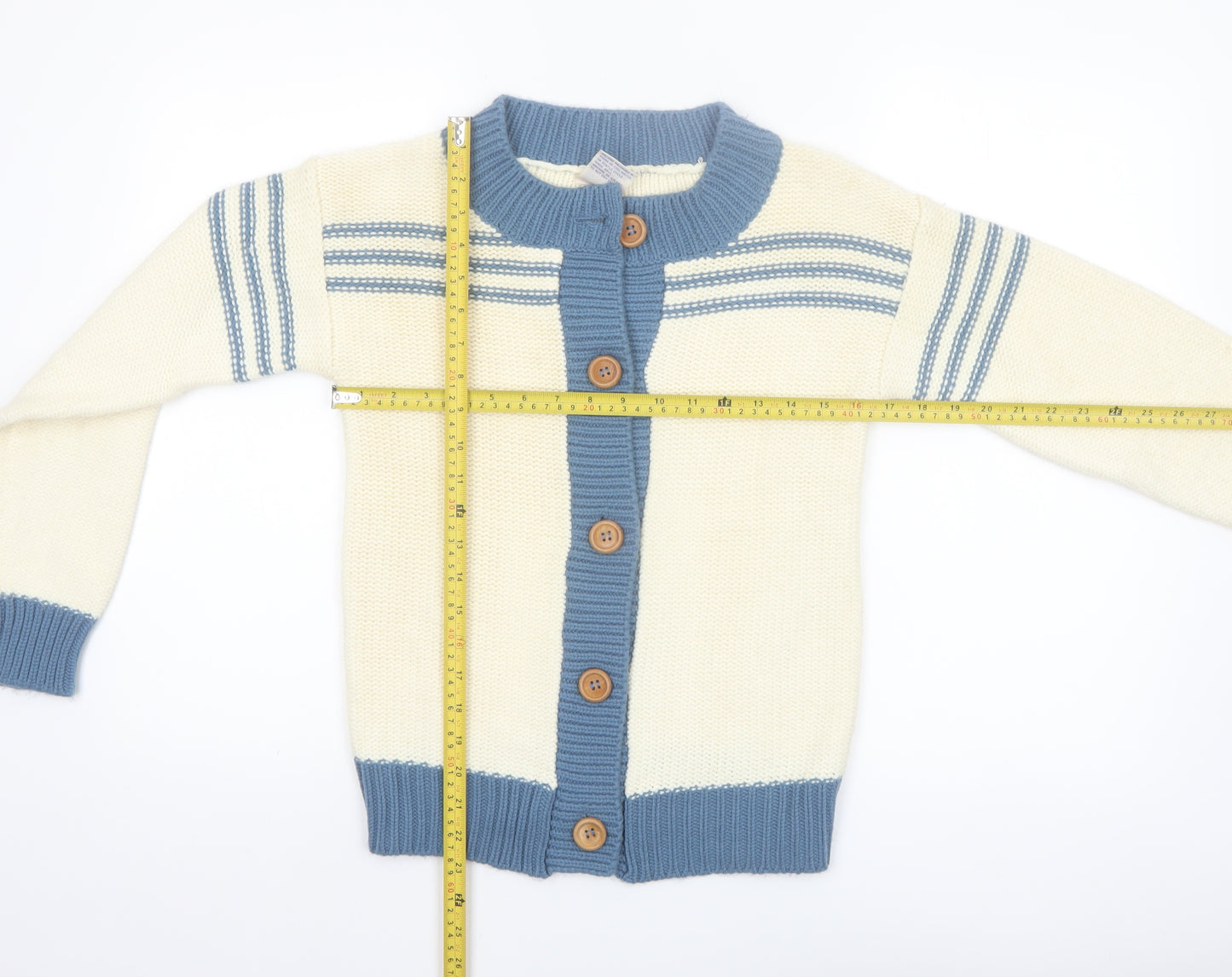 The Final Touch Women's Ivory Blue Cardigan M Acrylic Vintage Knit