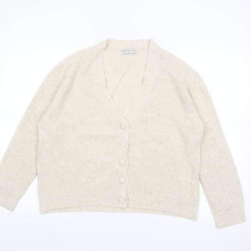 Stradivarius Women Beige Knit V-Neck Cardigan Size 8