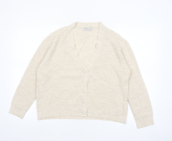 Stradivarius Women Beige Knit V-Neck Cardigan Size 8
