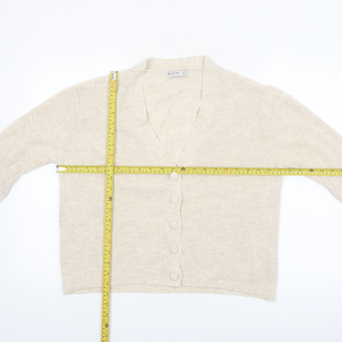 Stradivarius Women Beige Knit V-Neck Cardigan Size 8