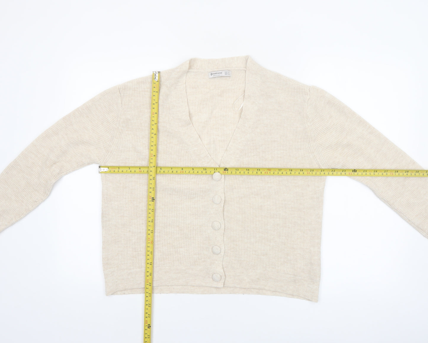 Stradivarius Women Beige Knit V-Neck Cardigan Size 8