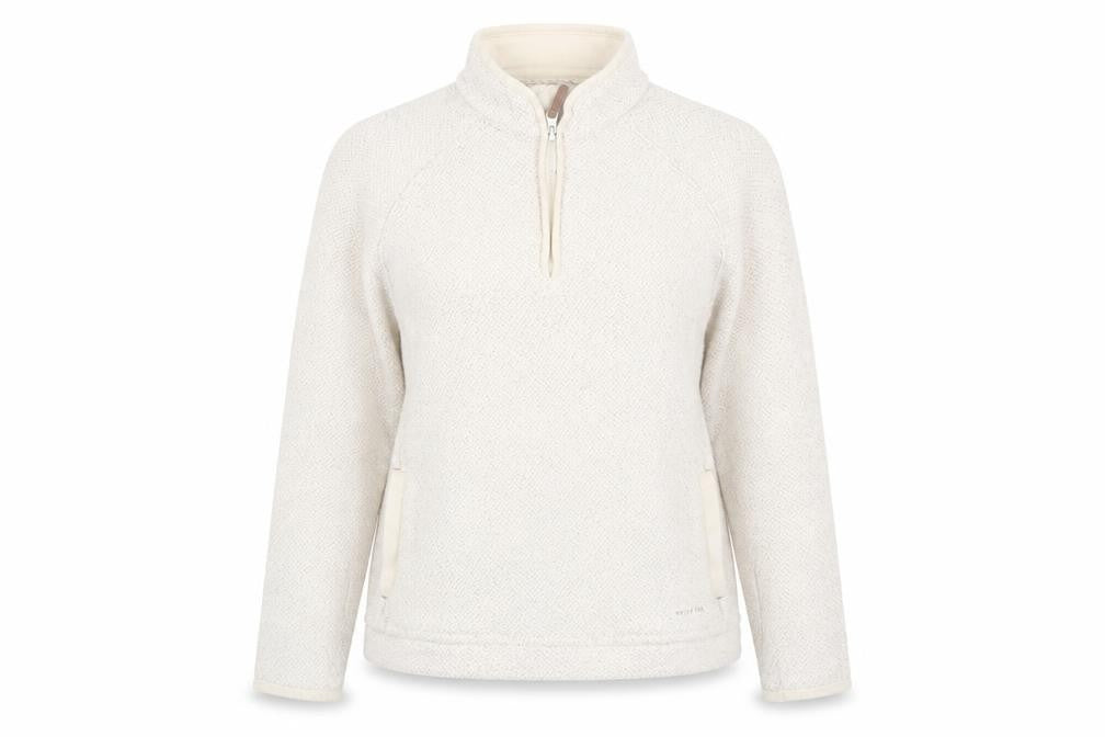 Front view of Weird Fish Women Beige 1/4 Zip Pullover Sweatshirt, size 12, Cotton Blend