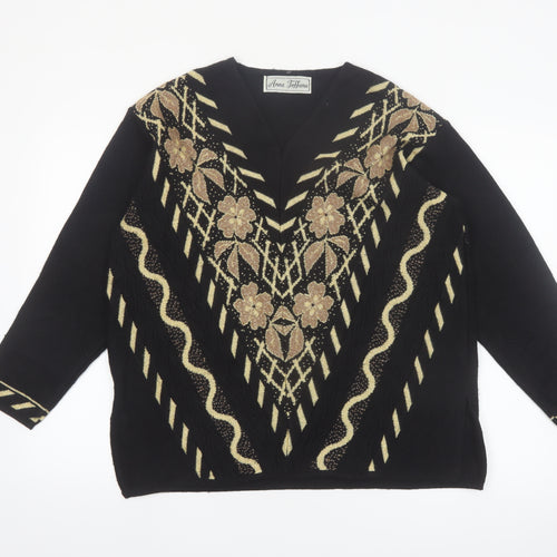 Anna Toffana Womens Black L V-Neck Floral Embroidered Knit Jumper