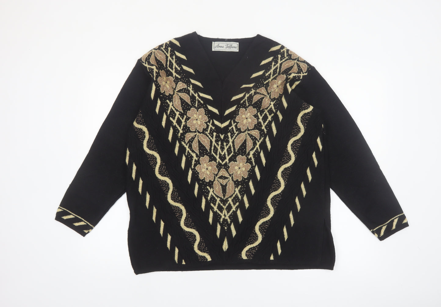 Anna Toffana Womens Black L V-Neck Floral Embroidered Knit Jumper