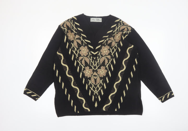 Anna Toffana Womens Black L V-Neck Floral Embroidered Knit Jumper