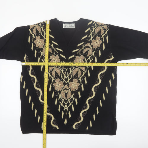 Anna Toffana Womens Black L V-Neck Floral Embroidered Knit Jumper