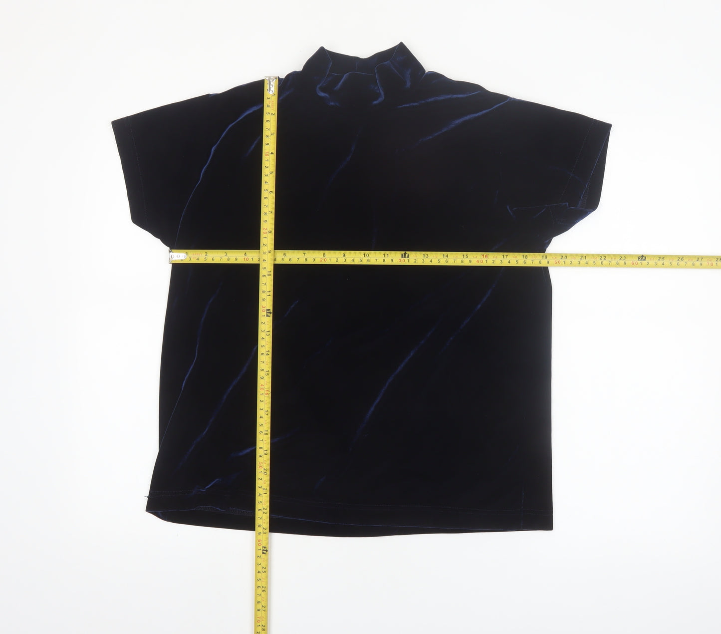 Principles Women Blue Velvet Mock Neck Short Sleeve Blouse Size L
