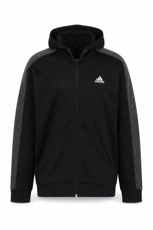 Front view of Adidas Men’s Black Full Zip Hoodie, size M, Regular Fit Sportswear