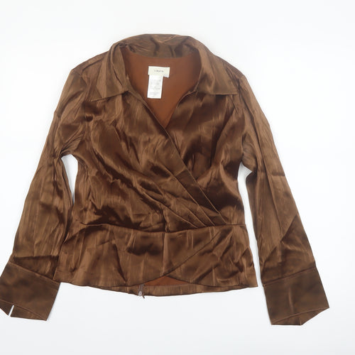 Laura Women’s Brown Satin Wrap Blouse Long Sleeve Size S