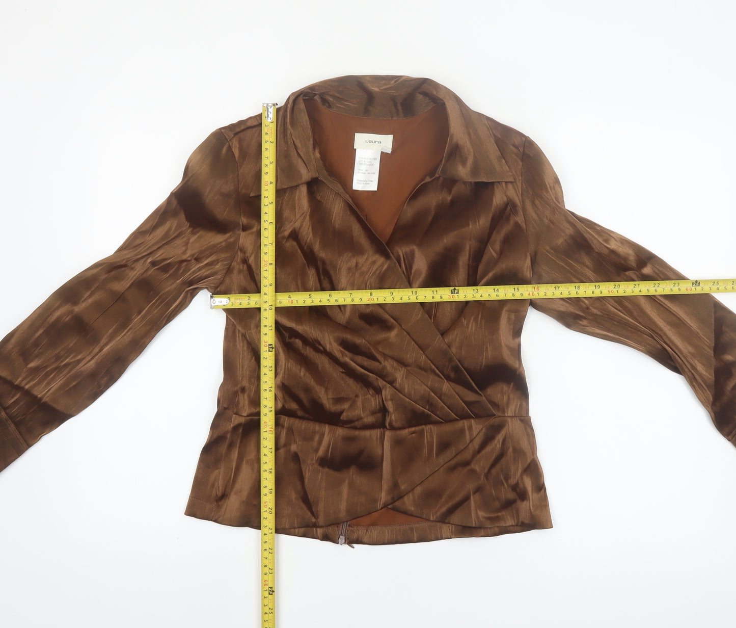 Laura Women’s Brown Satin Wrap Blouse Long Sleeve Size S