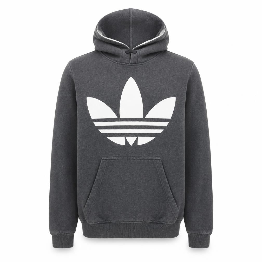 Front view of Adidas Men’s Grey Pullover Hoodie, size L, Logo Fleece Sweatshirt