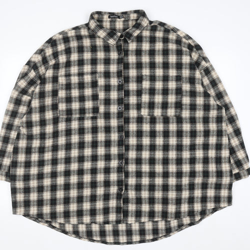 Boohoo Womens Beige Check Flannel Button-Up Shirt Size 16