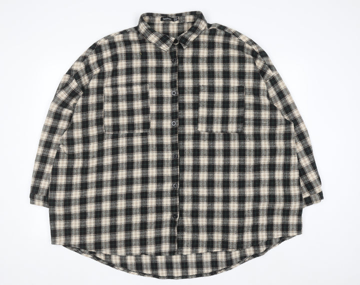 Boohoo Womens Beige Check Flannel Button-Up Shirt Size 16