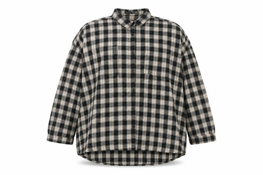 Front view of Boohoo women’s beige check flannel button-up shirt, size UK 16