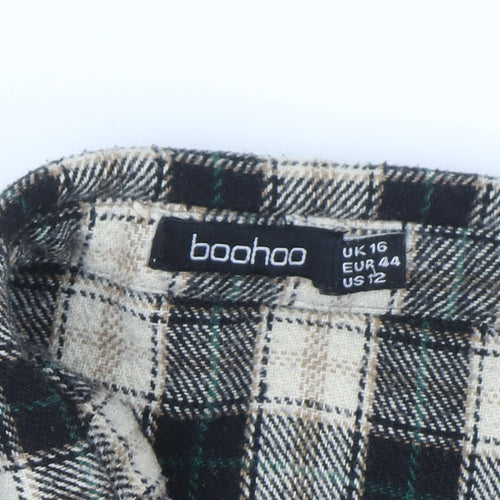 Boohoo Womens Beige Check Flannel Button-Up Shirt Size 16