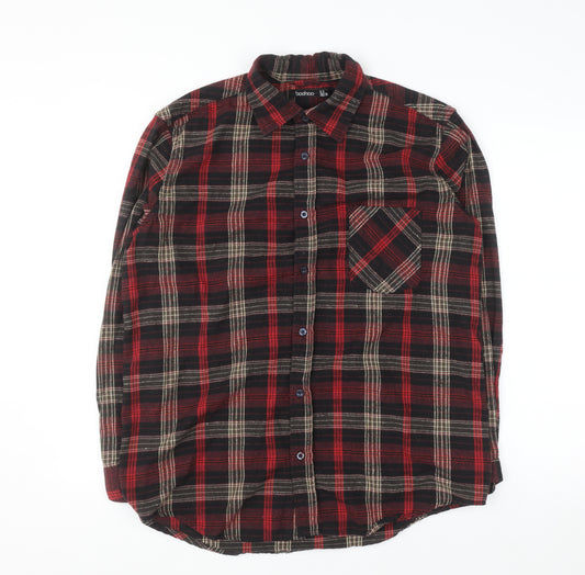 Boohoo Womens Red Plaid Flannel Long Sleeve Button-Up Shirt Size 12