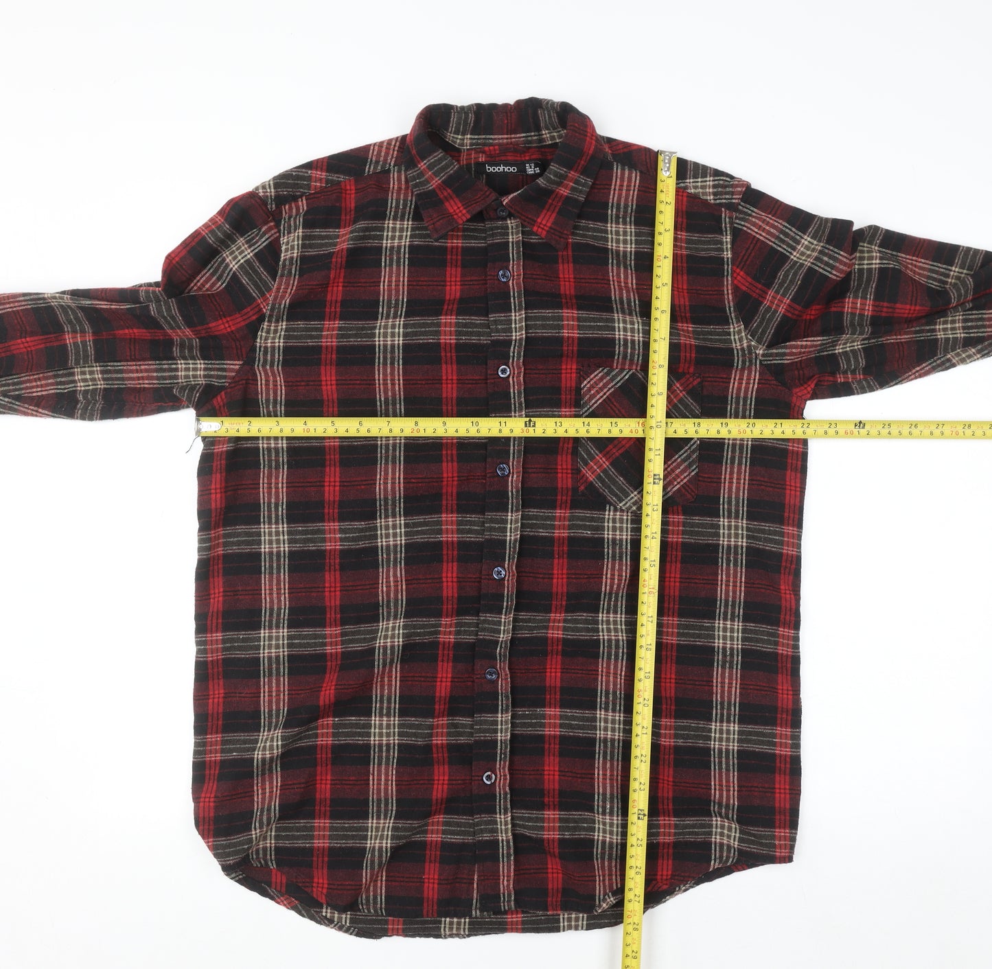 Boohoo Womens Red Plaid Flannel Long Sleeve Button-Up Shirt Size 12