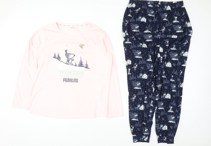 Peanuts Snoopy Women's Pink & Navy Pyjama Set Size 8-10 Winter Graphic Fleece