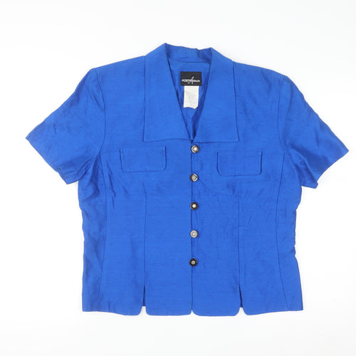 Positive Attitude Women's Blue Silk Collared Short Sleeve Blouse Size 12