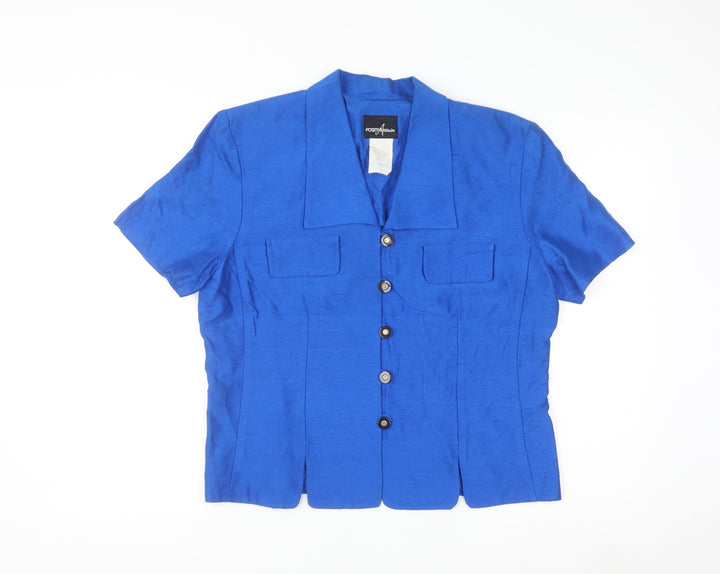 Positive Attitude Women's Blue Silk Collared Short Sleeve Blouse Size 12