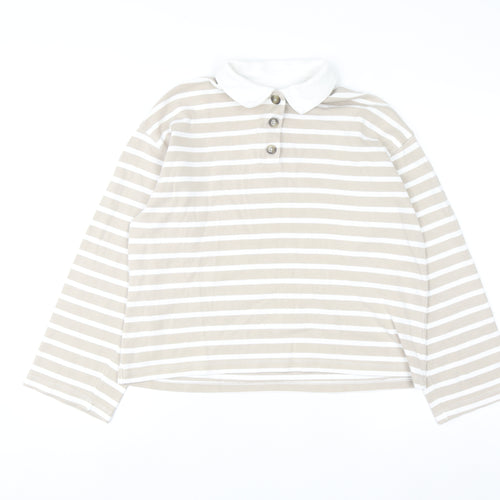 SELECTED FEMME Women's Beige Striped Cotton Polo Shirt XS