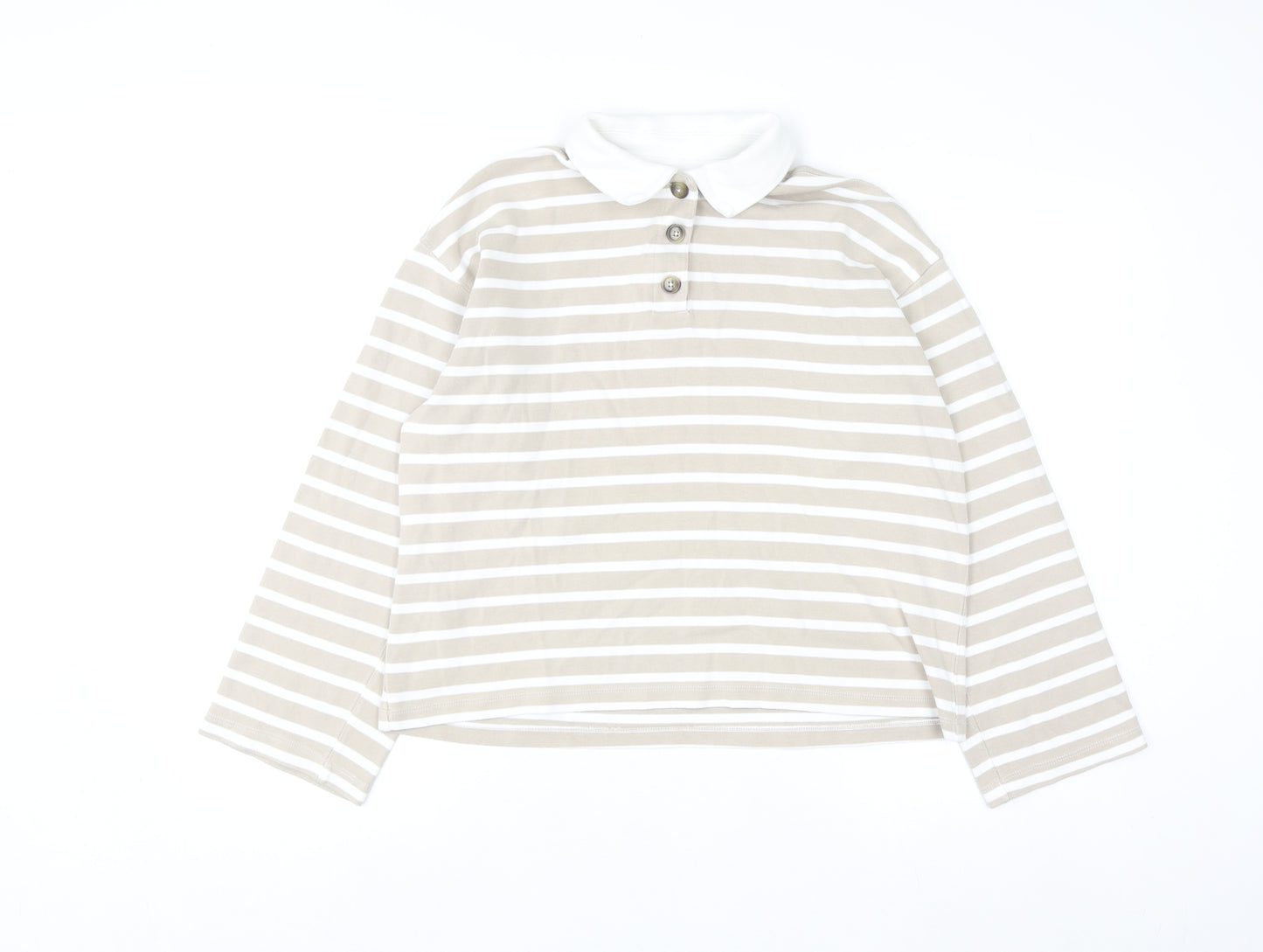 SELECTED FEMME Women's Beige Striped Cotton Polo Shirt XS