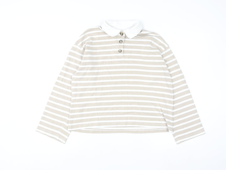 SELECTED FEMME Women's Beige Striped Cotton Polo Shirt XS