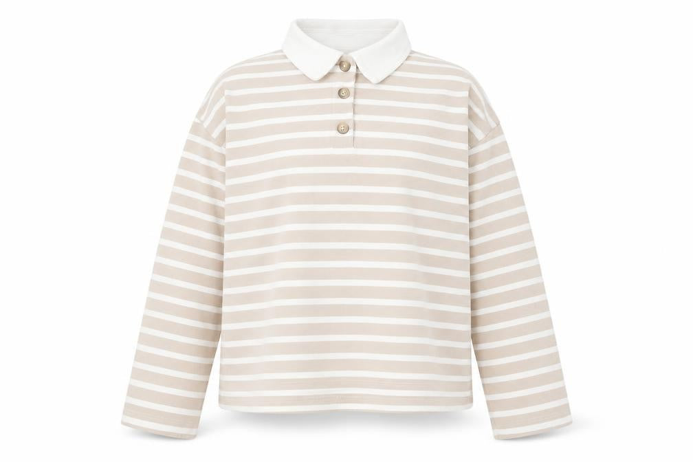 SELECTED FEMME Women's Beige Striped Cotton Polo Shirt XS