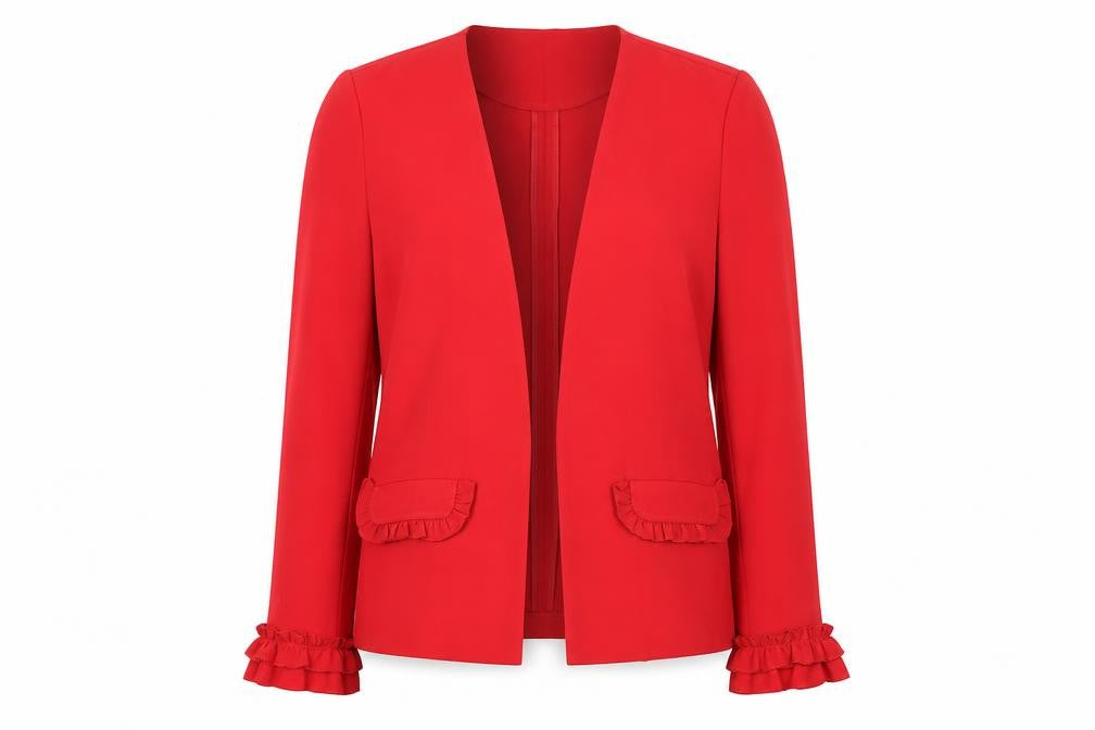 Front view of Soho Apparel Women’s Red Ruffle Sleeve Single Breasted Blazer, size S