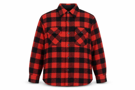 Front view of Kings Road Men's Red Black Check Flannel Wool Button-Up Shirt, size 16