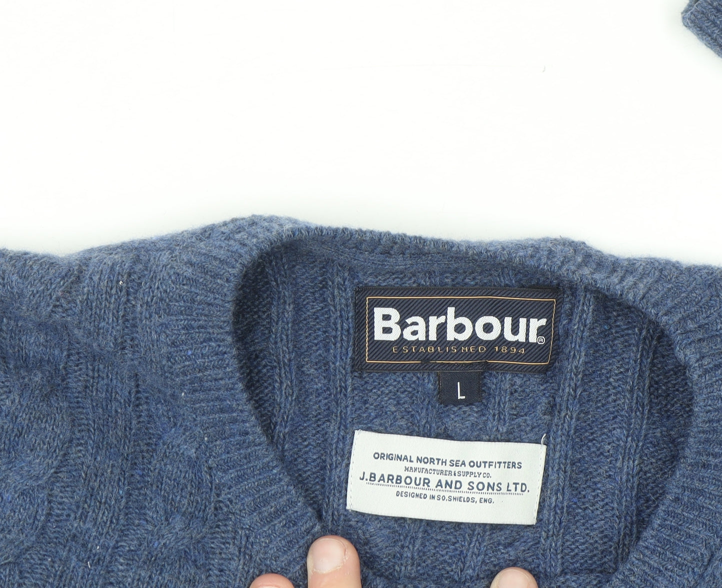 Barbour Men's Blue Wool Cotton Cable Knit Jumper Size L