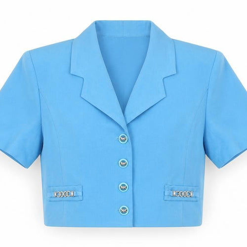 Golibel Women’s Blue Cropped Collared Short Sleeve Blouse Size 10