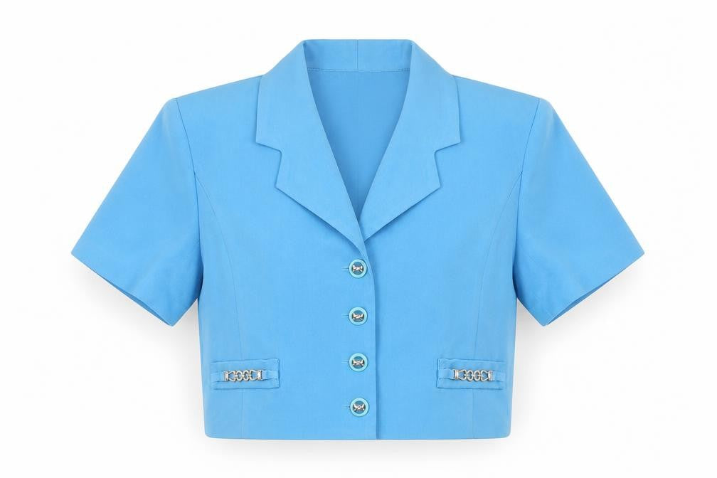 Golibel Women’s Blue Cropped Collared Short Sleeve Blouse Size 10